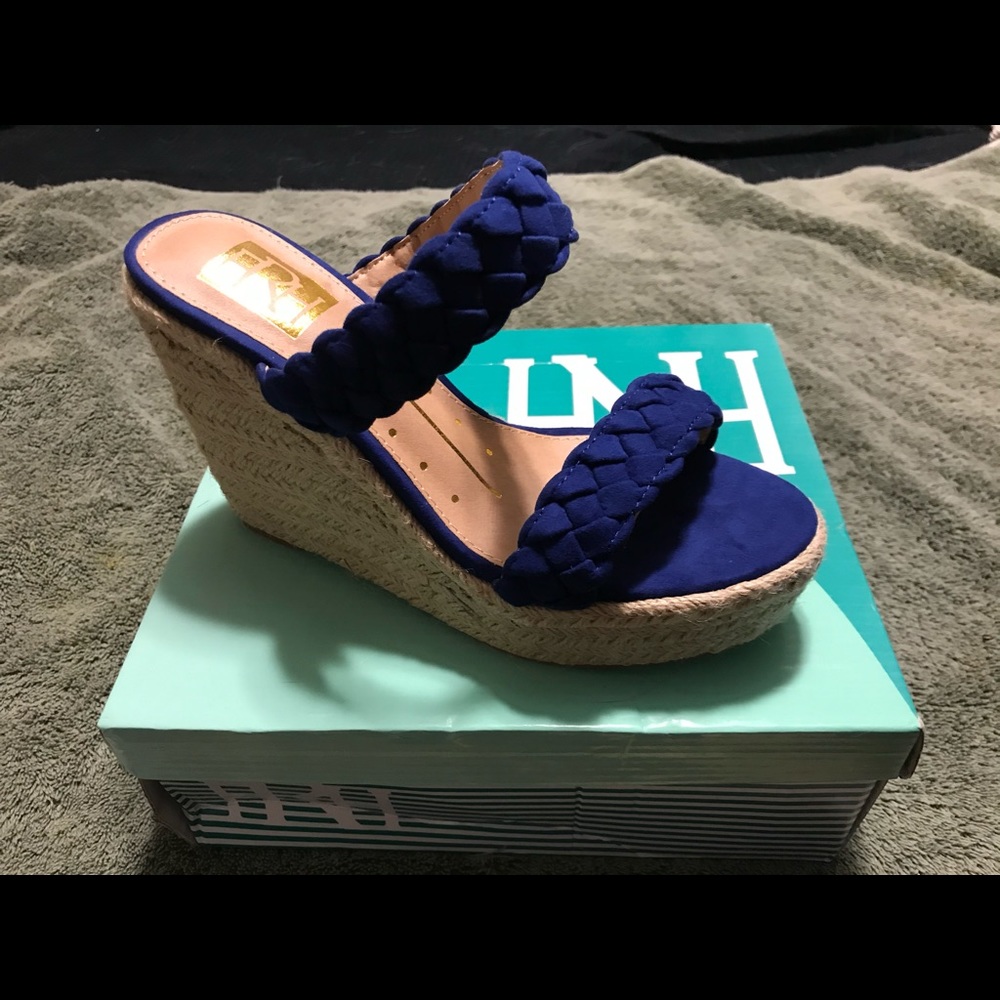 Blue suede strappy wedge